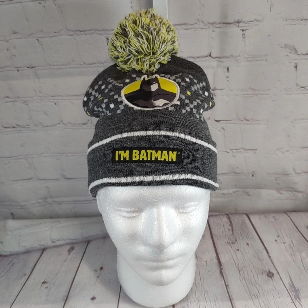 I'm Batman Unisex Kids Beanie Hat Toboggan One Sz Charcoal Gray Yellow White Pom